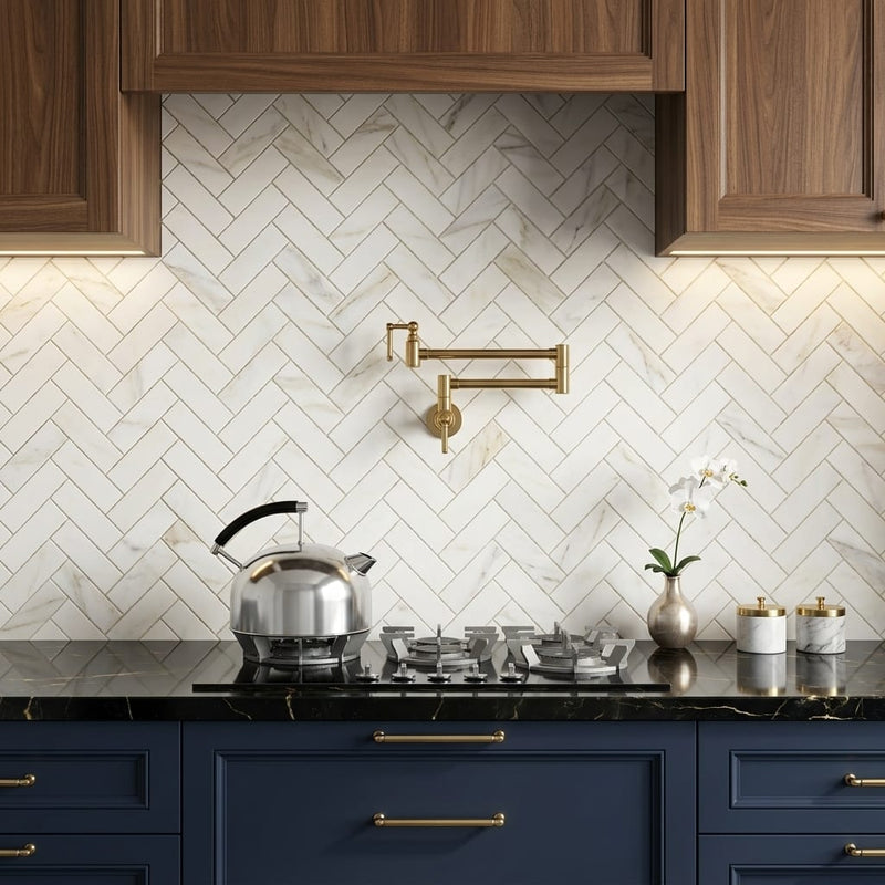 Calacatta Gold (Italian) Marble 1x3 Honed Herringbone Mosaic — Kitchen backsplash