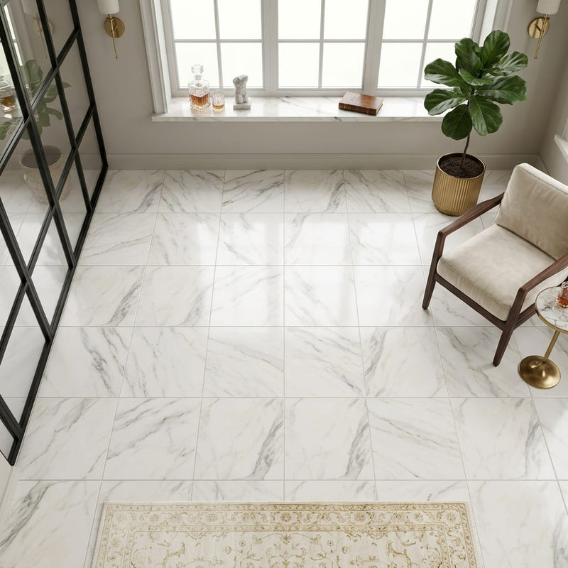 Calacatta Gold (Italian) Marble 12x12 Honed Tile — Sunroom floor