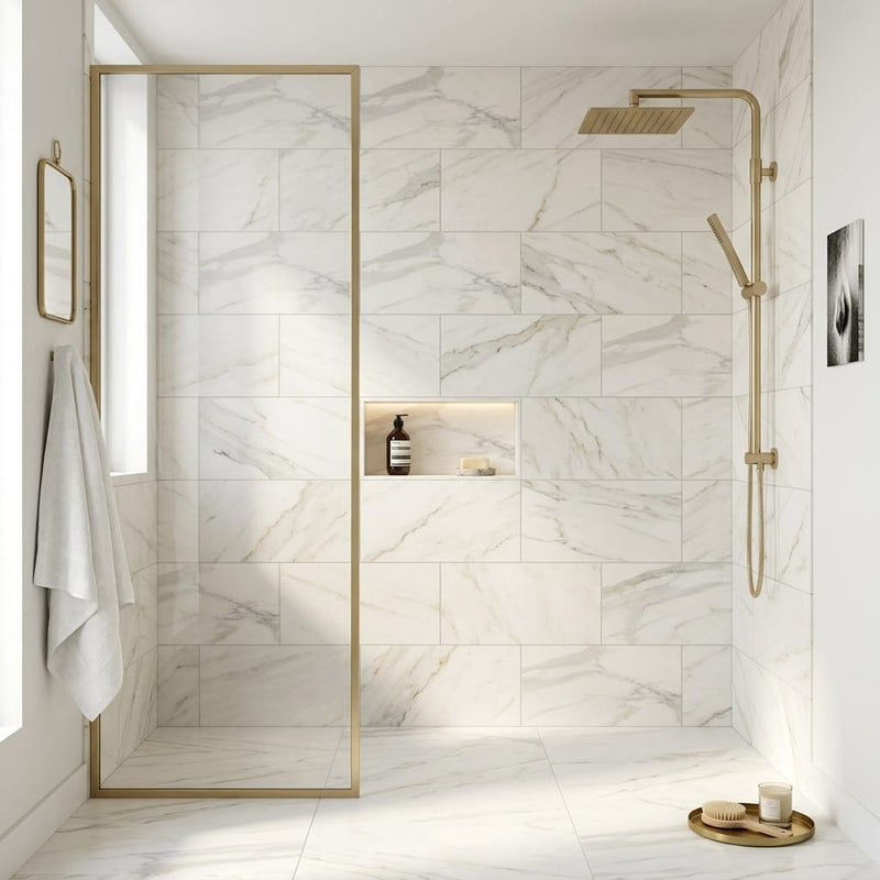 Calacatta Gold (Italian) Marble 12x24 Honed Tile — Bathroom shower wall