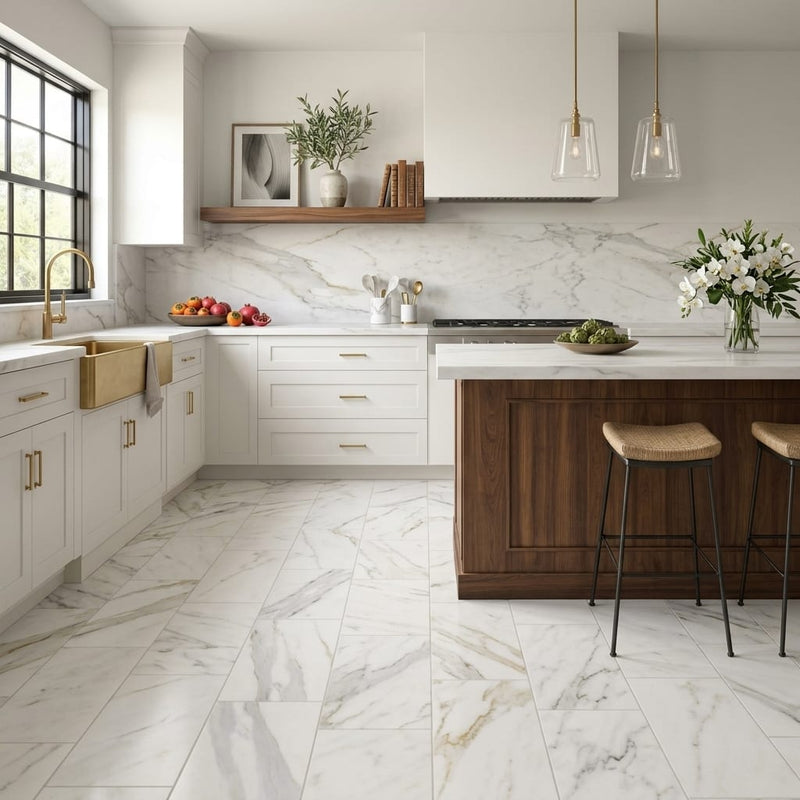 Calacatta Gold (Italian) Marble 12x24 Honed Tile — Kitchen floor