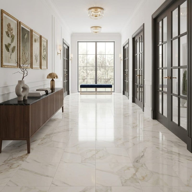 Calacatta Gold (Italian) Marble 18x18 Honed Tile — Hallway floor