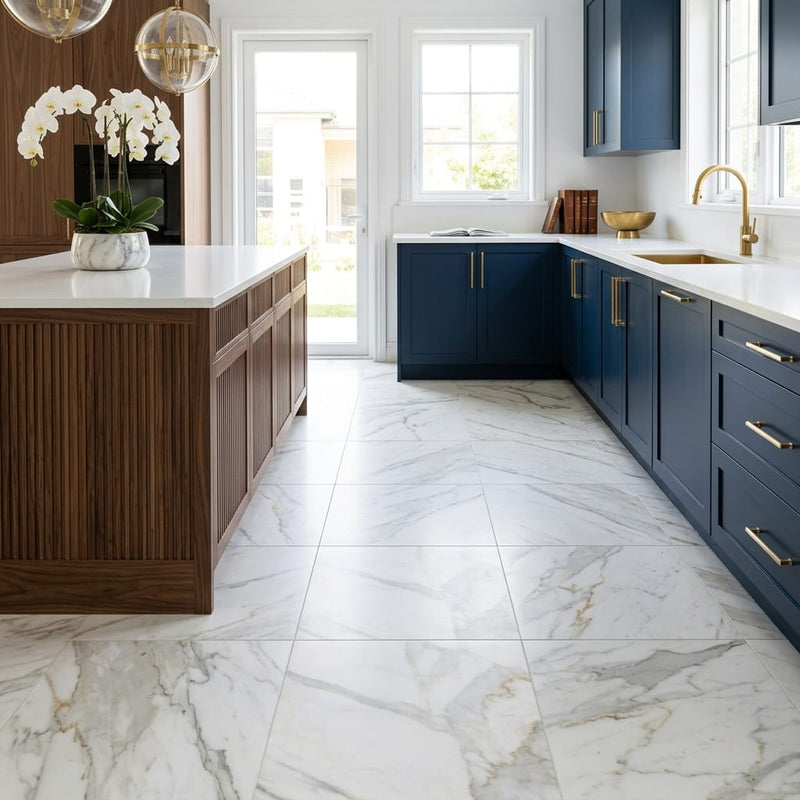 Calacatta Gold (Italian) Marble 18x18 Honed Tile — Kitchen floor