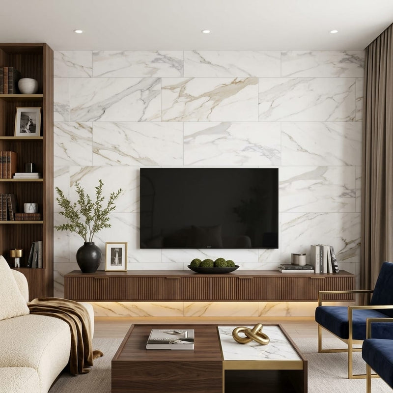 Calacatta Gold (Italian) Marble 18x36 Honed Tile — Living Room feature wall