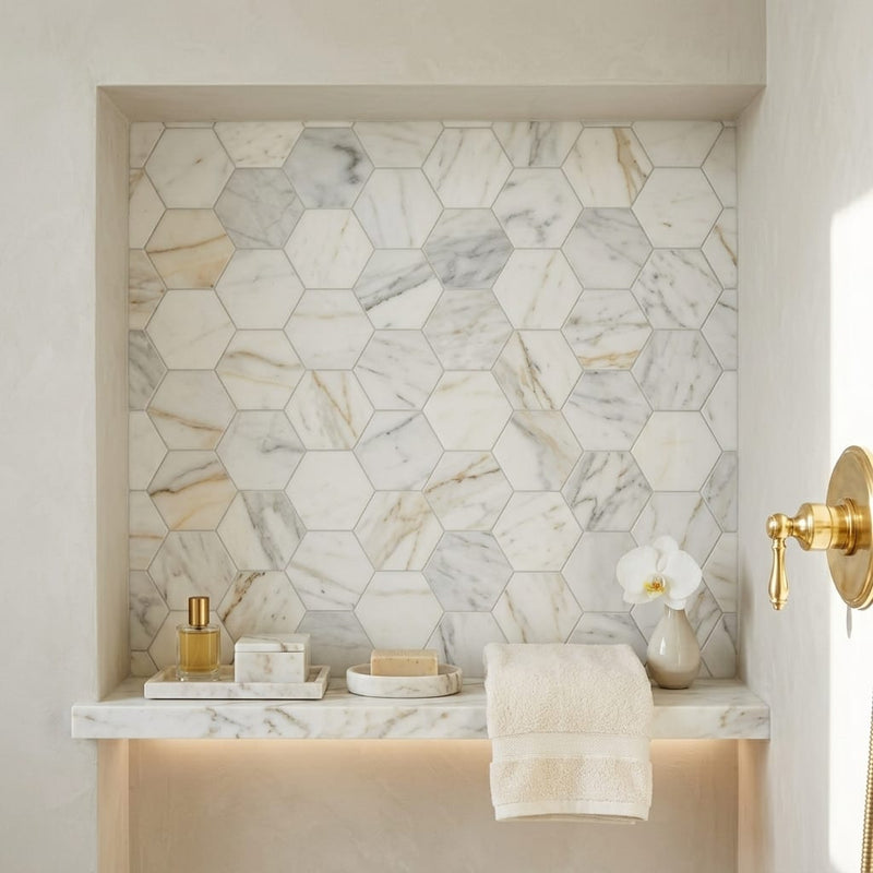 Calacatta Gold (Italian) Marble 2x2 Honed Hexagon Mosaic Vortex Hexagon Mosaic (w/ Calacatta Gold) — Bathroom niche