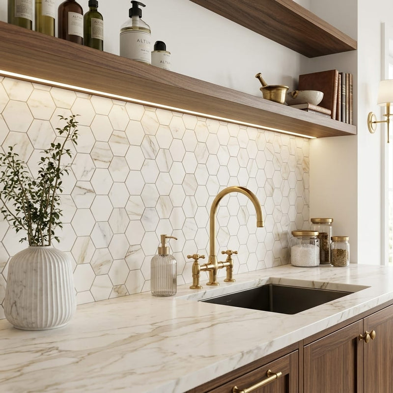 Calacatta Gold (Italian) Marble 2x2 Honed Hexagon Mosaic Vortex Hexagon Mosaic (w/ Calacatta Gold) — Kitchen backsplash