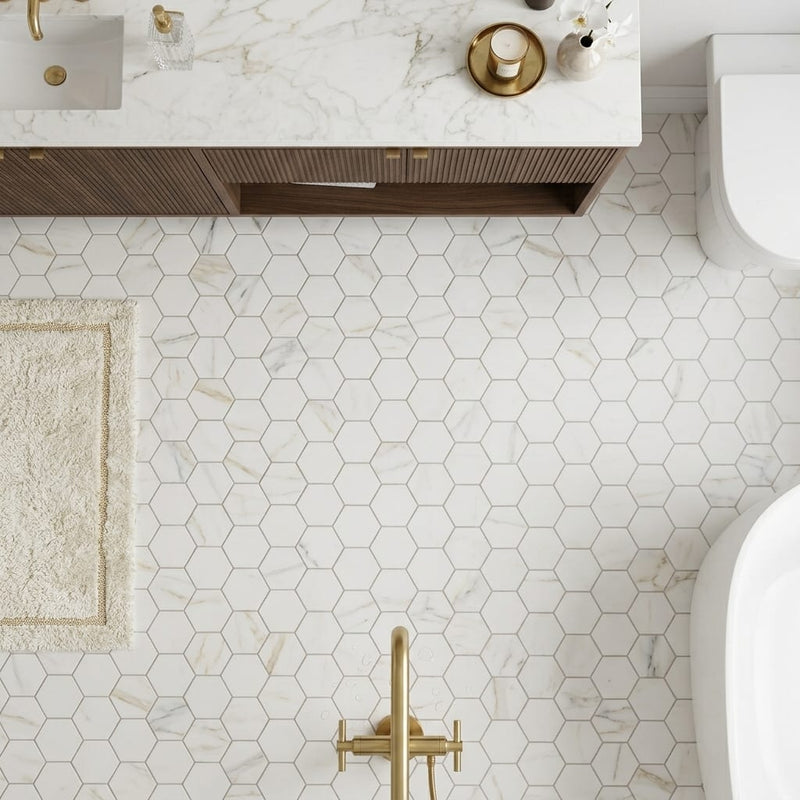 Calacatta Gold (Italian) Marble 2x2 Honed Hexagon Mosaic — Bathroom floor