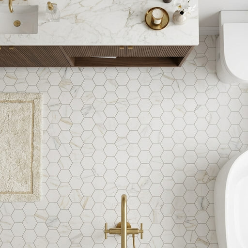 Calacatta Gold (Italian) Marble 2x2 Honed Hexagon Mosaic — Bathroom floor