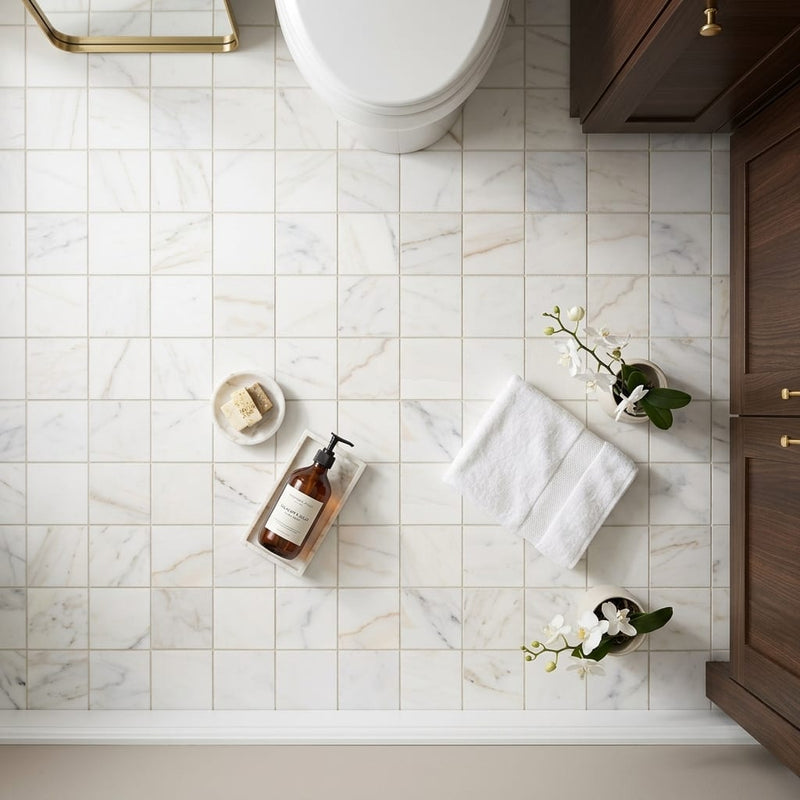 Calacatta Gold (Italian) Marble 2x2 Honed Mosaic — Bathroom floor