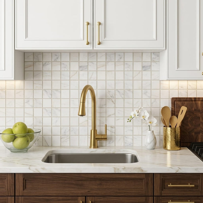 Calacatta Gold (Italian) Marble 2x2 Honed Mosaic — Kitchen backsplash