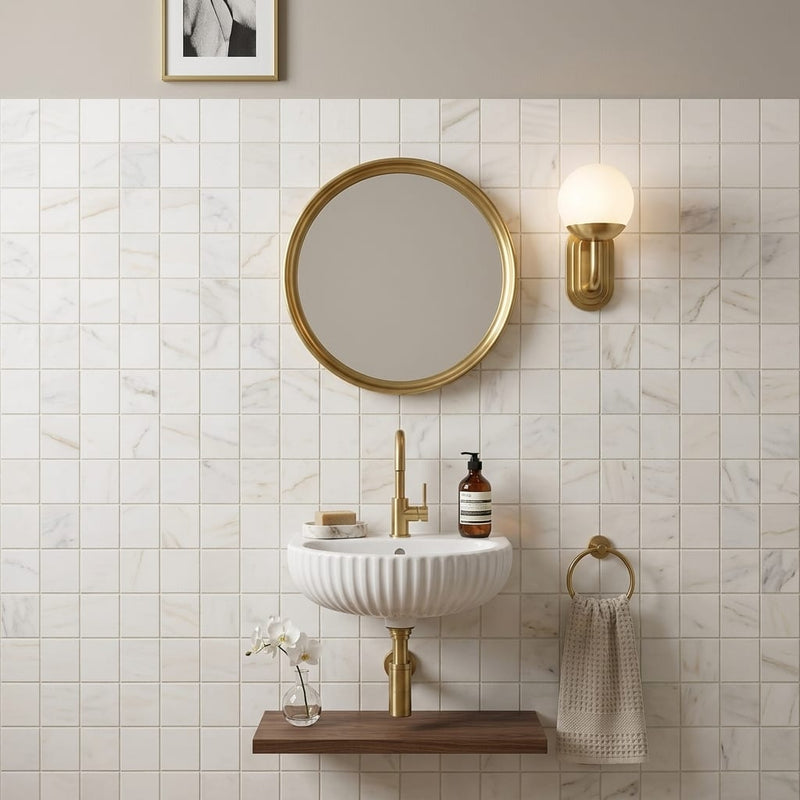 Calacatta Gold (Italian) Marble 2x2 Honed Mosaic — Powder Room wall
