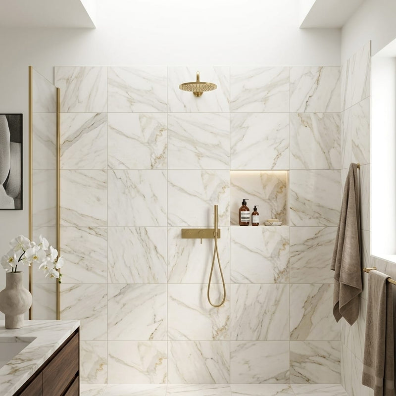 Calacatta Gold (Italian) Marble 24x24 Honed Tile — Bathroom shower wall