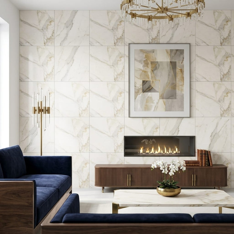Calacatta Gold (Italian) Marble 24x24 Honed Tile — Living Room feature wall