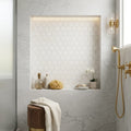 Calacatta Gold (Italian) Marble 3x3 Honed Hexagon Mosaic — Bathroom niche
