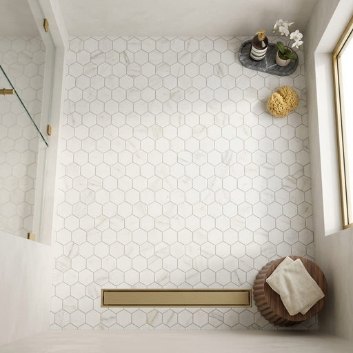 Calacatta Gold (Italian) Marble 3x3 Honed Hexagon Mosaic — Bathroom shower floor