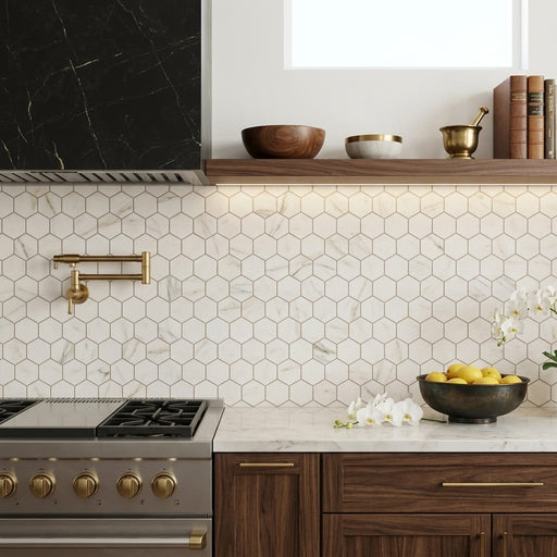 Calacatta Gold (Italian) Marble 3x3 Honed Hexagon Mosaic — Kitchen backsplash