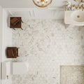 Calacatta Gold (Italian) Marble 3x3 Honed Hexagon Mosaic — Powder Room floor