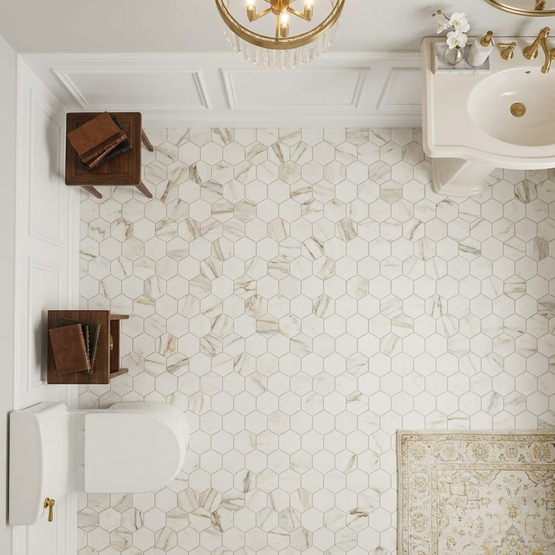 Calacatta Gold (Italian) Marble 3x3 Honed Hexagon Mosaic — Powder Room floor