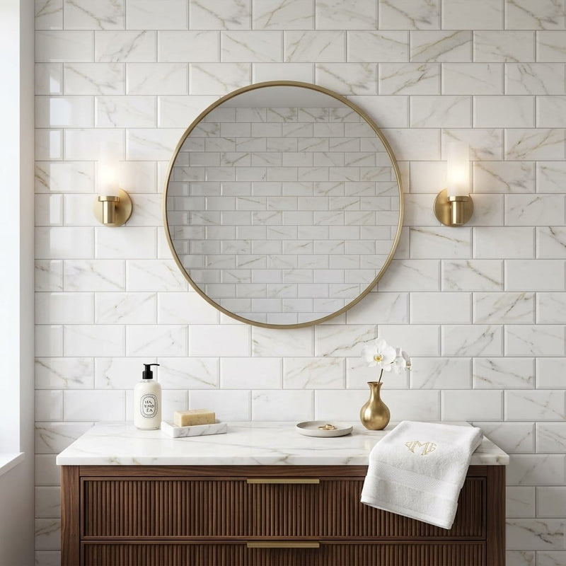 Calacatta Gold (Italian) Marble 3x6 Honed Tile — Bathroom wall
