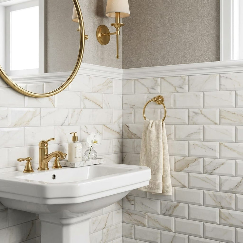 Calacatta Gold (Italian) Marble 3x6 Honed Tile — Powder Room wainscot