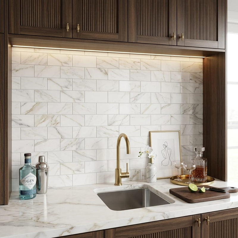 Calacatta Gold (Italian) Marble 3x6 Honed Tile — Wet Bar backsplash