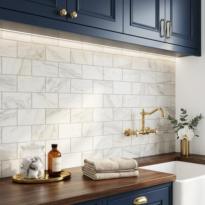 Calacatta Gold (Italian) Marble 3x6 Honed Tile — Laundry Room backsplash