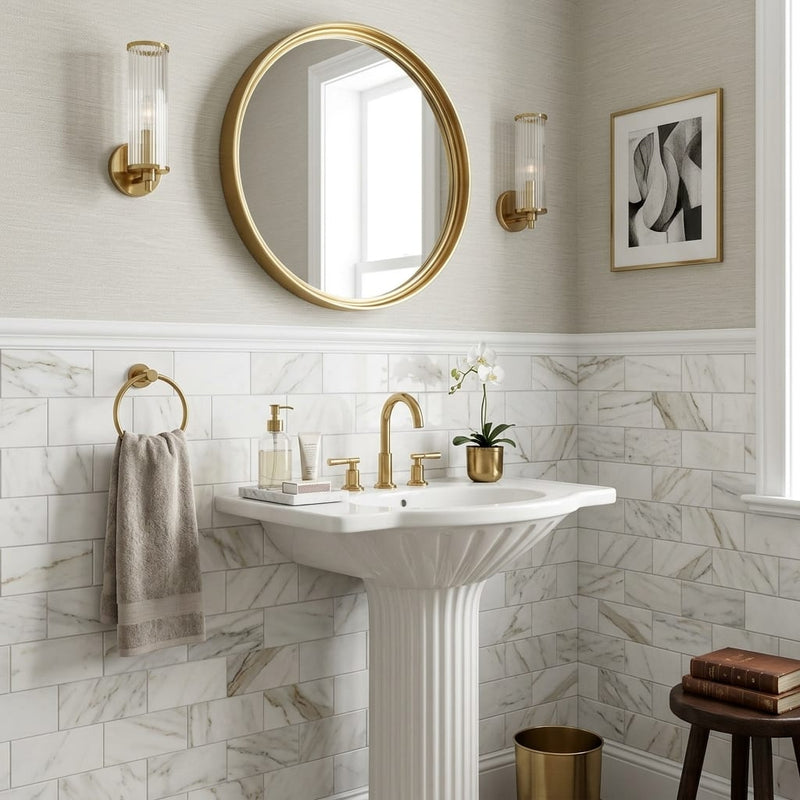 Calacatta Gold (Italian) Marble 3x6 Honed Tile — Powder Room wainscot