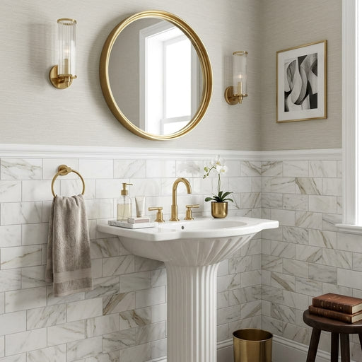 Calacatta Gold (Italian) Marble 3x6 Honed Tile — Powder Room wainscot