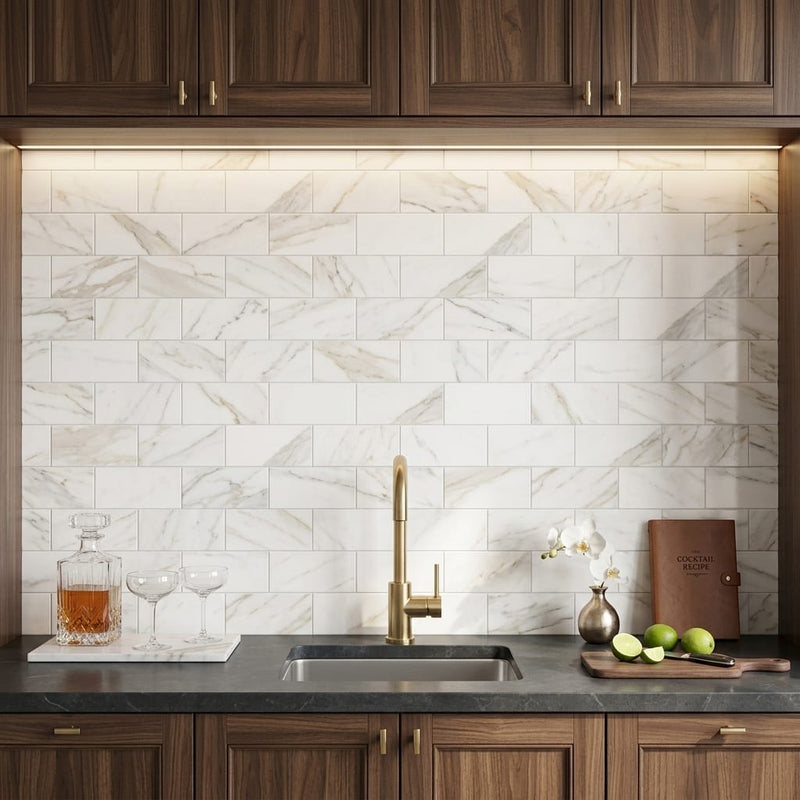 Calacatta Gold (Italian) Marble 3x6 Honed Tile — Wet Bar backsplash