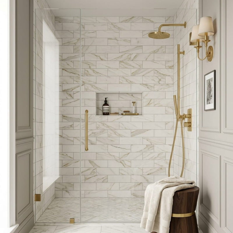 Calacatta Gold (Italian) Marble 4x12 Honed Tile — Bathroom shower wall