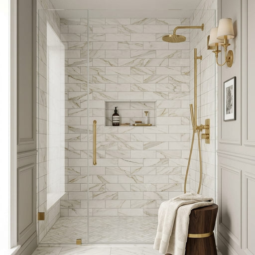 Calacatta Gold (Italian) Marble 4x12 Honed Tile — Bathroom shower wall