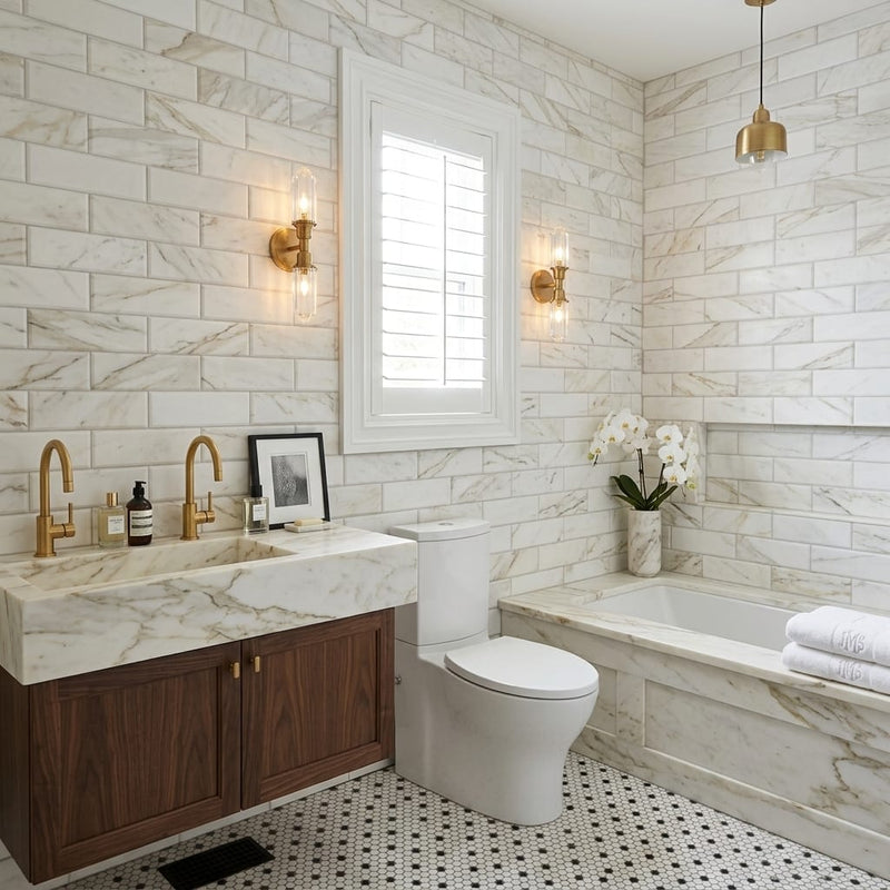 Calacatta Gold (Italian) Marble 4x12 Honed Tile — Bathroom wall