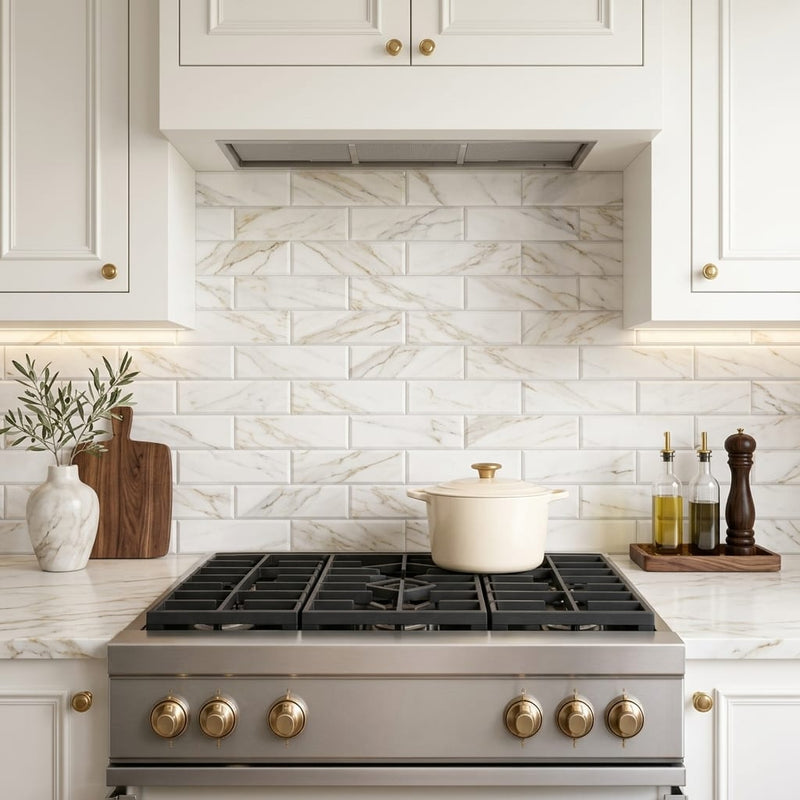 Calacatta Gold (Italian) Marble 4x12 Honed Tile — Kitchen backsplash