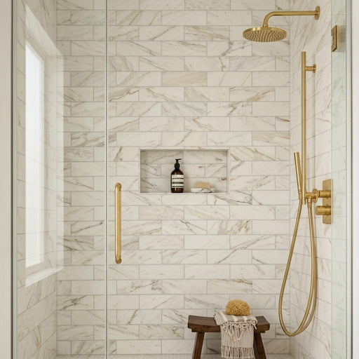 Calacatta Gold (Italian) Marble 4x12 Honed Tile — Bathroom shower wall
