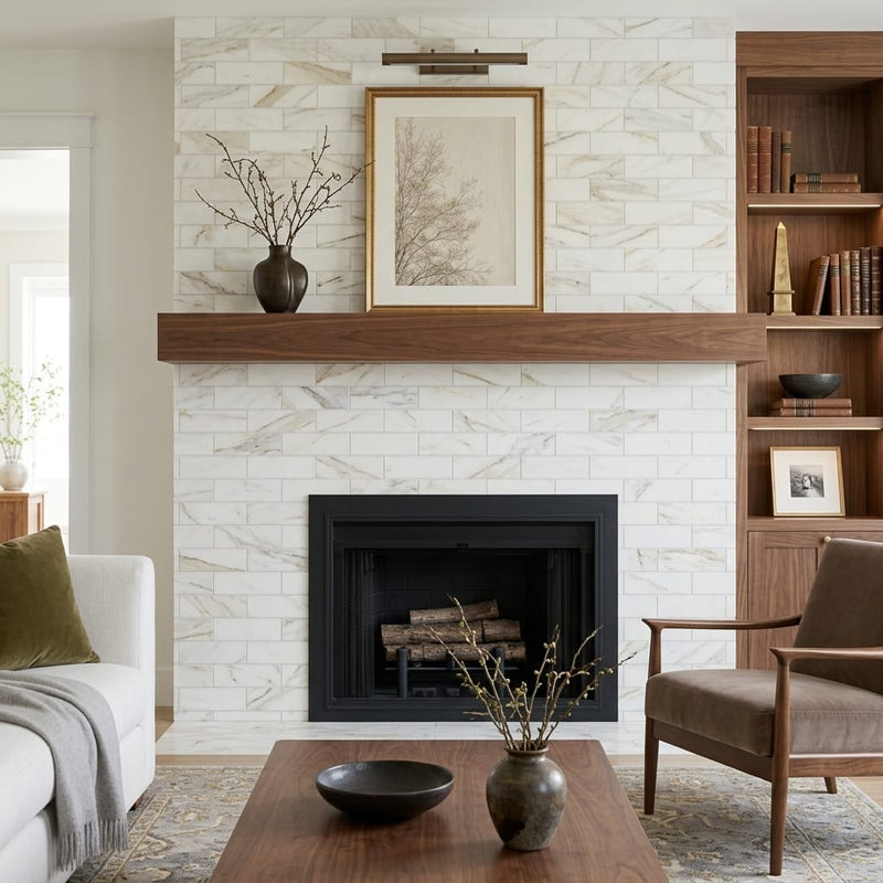 Calacatta Gold (Italian) Marble 4x12 Honed Tile — Living Room fireplace surround