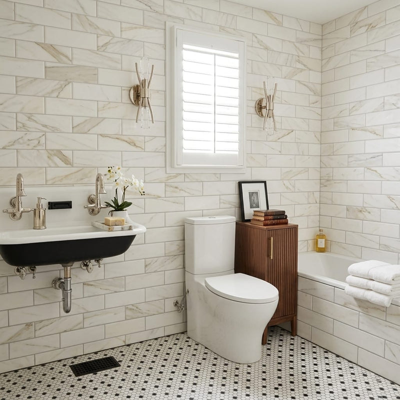 Calacatta Gold (Italian) Marble 4x12 Honed Tile — Bathroom wall