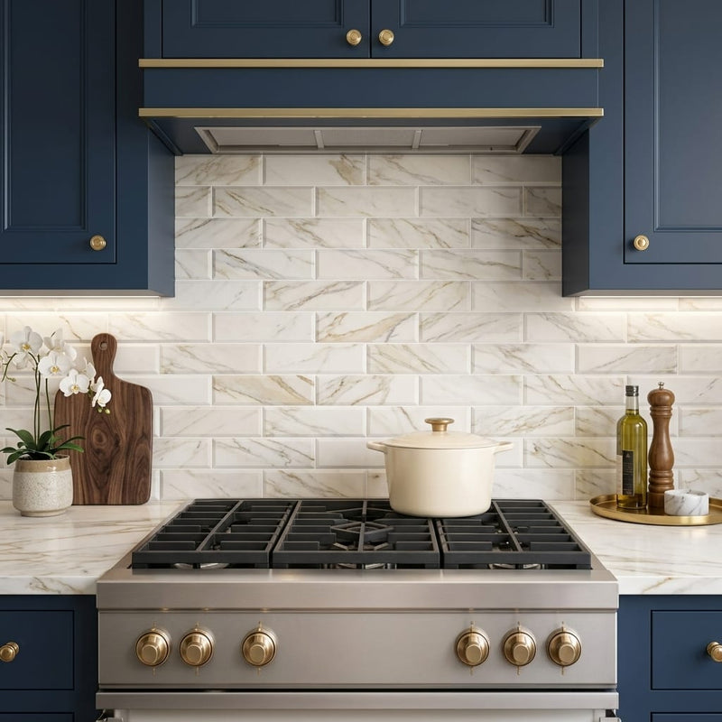 Calacatta Gold (Italian) Marble 4x12 Honed Tile — Kitchen backsplash