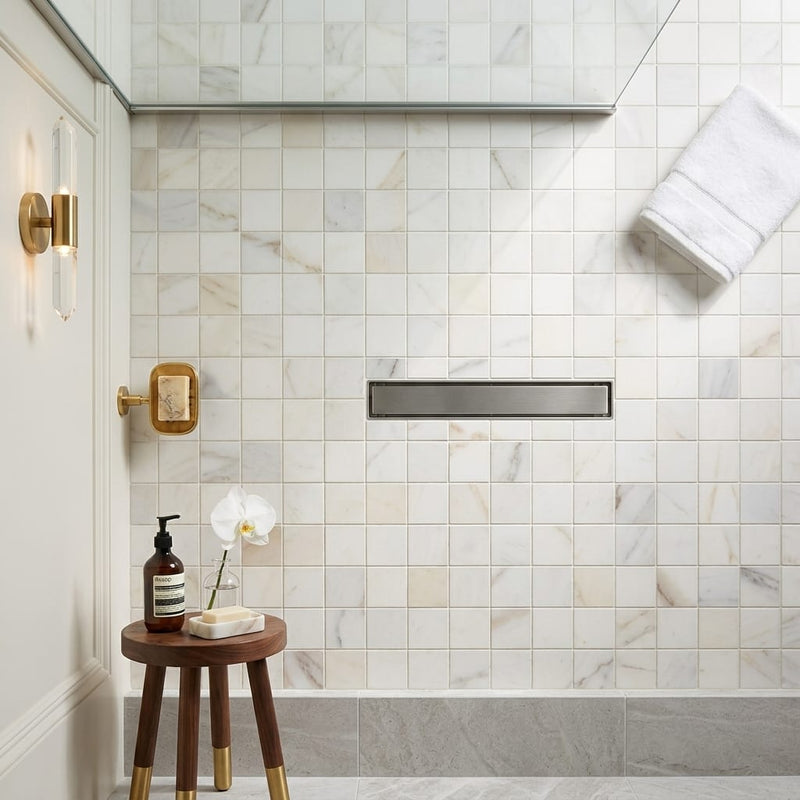 Calacatta Gold (Italian) Marble 5/8x5/8 Honed Mosaic — Bathroom shower floor