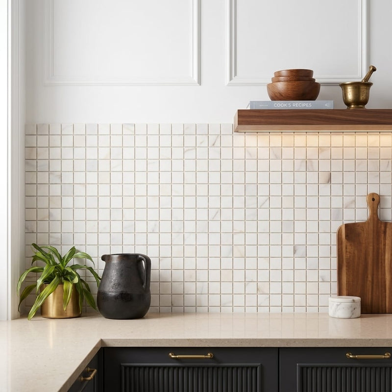 Calacatta Gold (Italian) Marble 5/8x5/8 Honed Mosaic — Kitchen backsplash