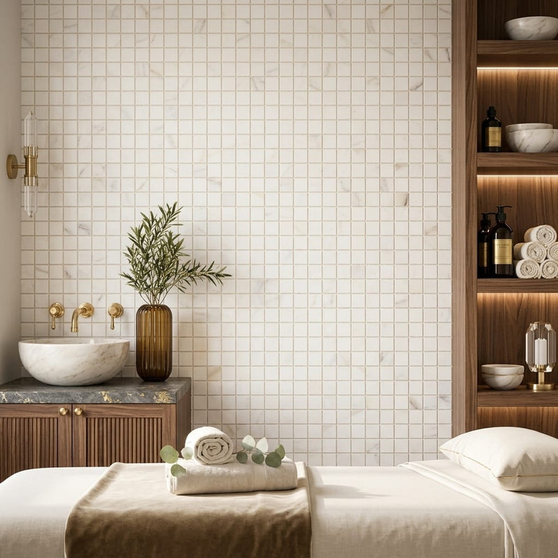 Calacatta Gold (Italian) Marble 5/8x5/8 Honed Mosaic — Spa spa interior