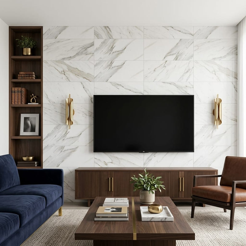 Calacatta Gold Marble Tile 12x24 Honed — Living Room feature wall