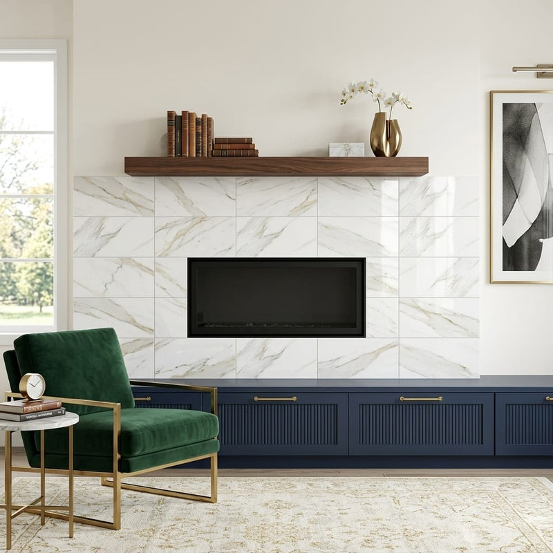 Calacatta Gold Marble Tile 12x24 Polished — Living Room fireplace surround
