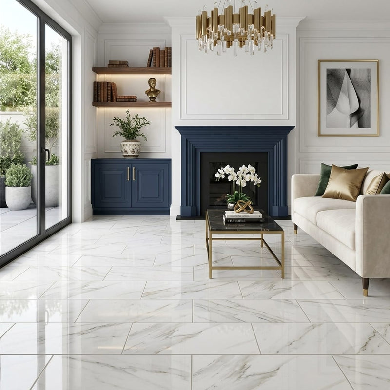 Calacatta Gold Marble Tile 12x24 Polished — Living Room floor
