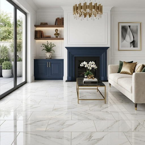 Calacatta Gold Marble Tile 12x24 Polished — Living Room floor