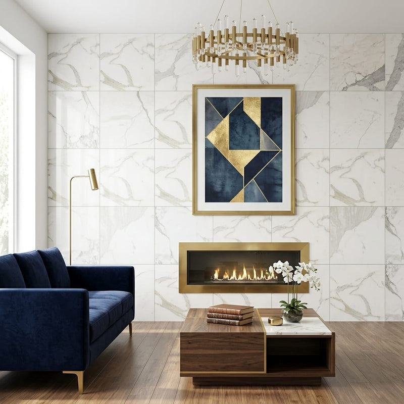 Calacatta Gold Marble Tile 24x24 Honed — Living Room feature wall