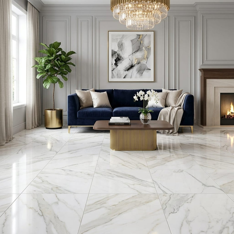 Calacatta Gold Marble Tile 24x24 Polished — Living Room floor