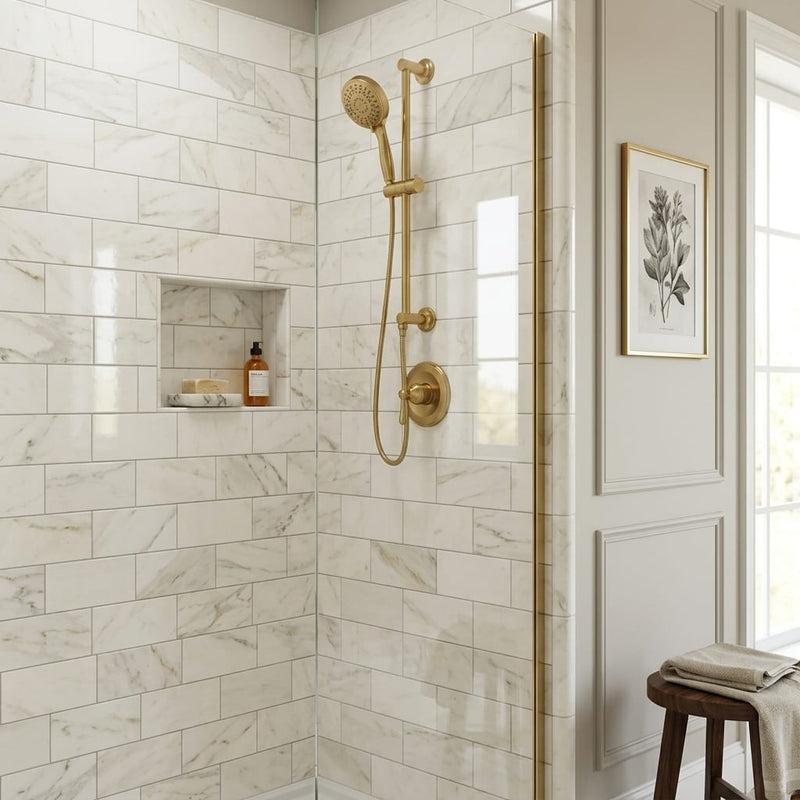 Calacatta Gold Marble Tile 3x6 Honed — Bathroom shower wall edge