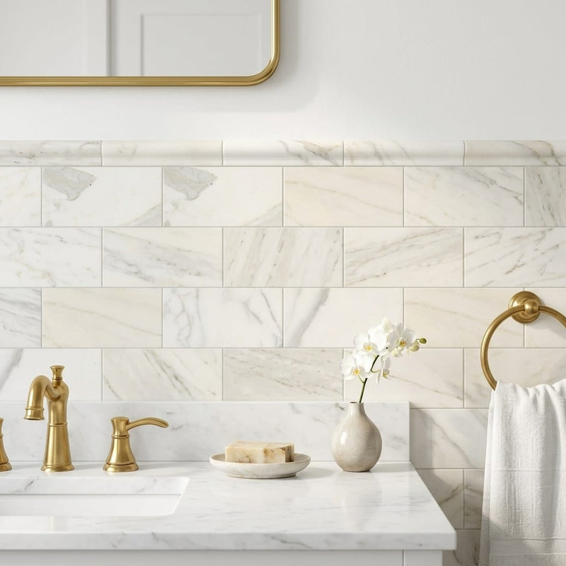 Calacatta Gold Marble Tile 3x6 Honed — Bathroom wainscot cap