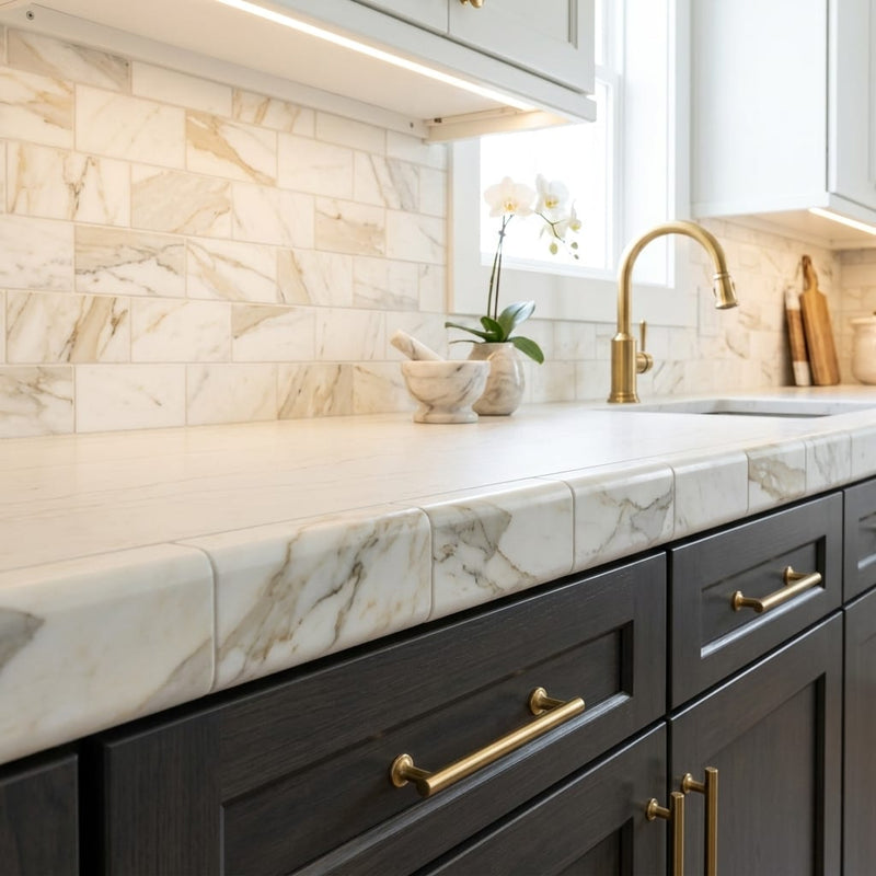 Calacatta Gold Marble Tile 3x6 Honed — Kitchen countertop edge