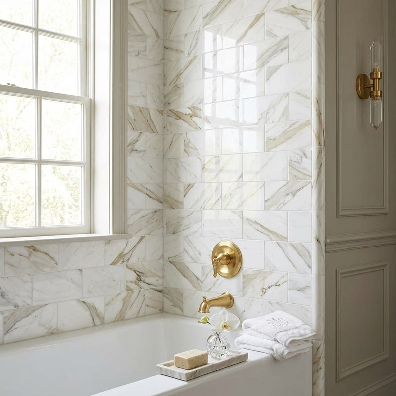Calacatta Gold Marble Tile 3x6 Polished — Bathroom tub surround edge