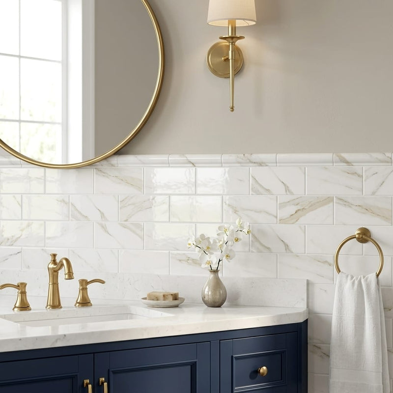 Calacatta Gold Marble Tile 3x6 Polished — Bathroom wainscot cap